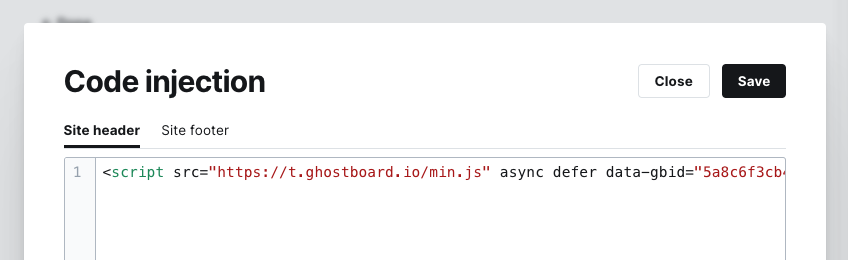 Screenshot when pasting the Growblog tracking code in a Ghost Admin